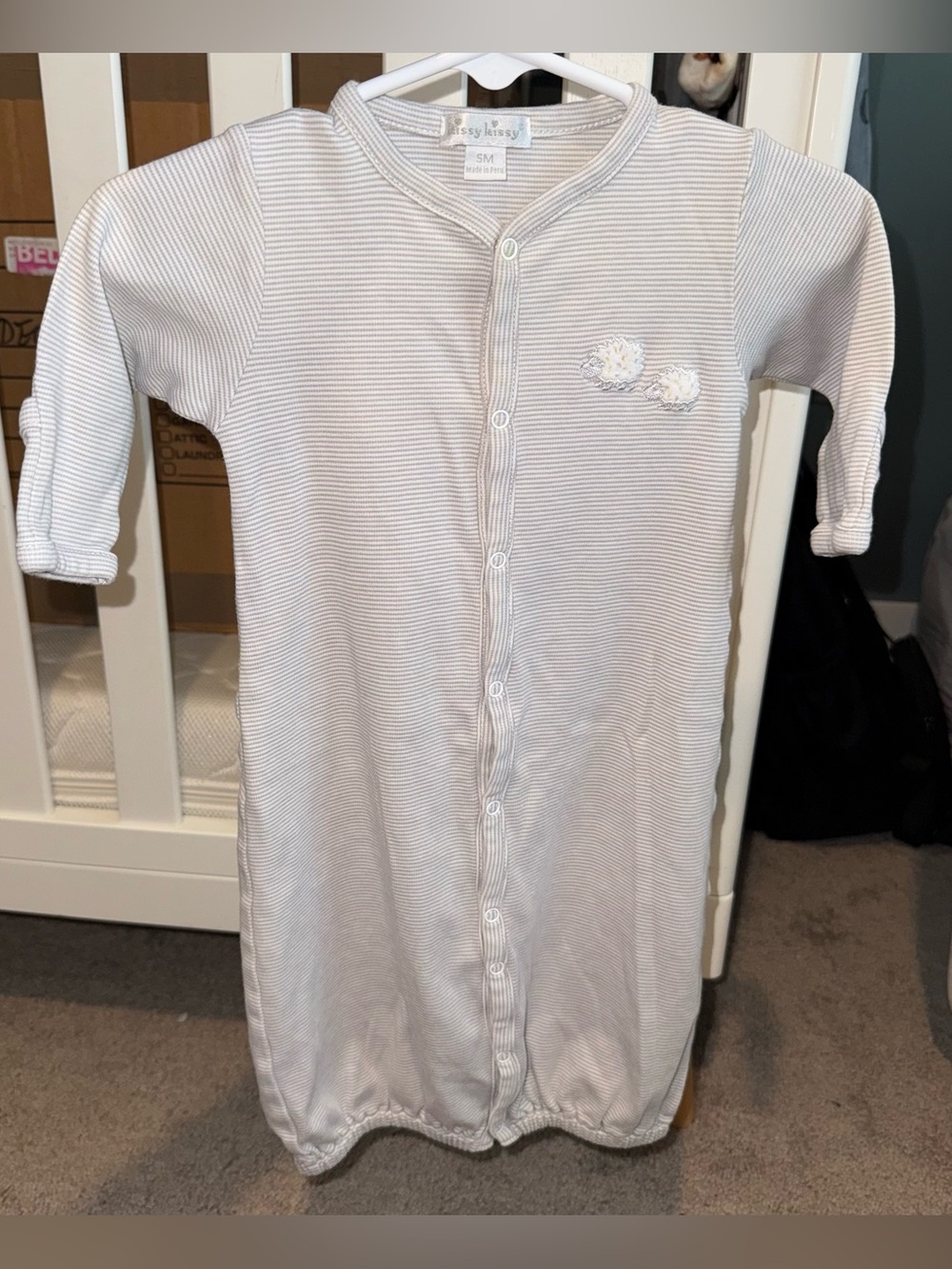 Kissy Kissy Gown Baby Gray Stripe with hedgehogs size small Boutique